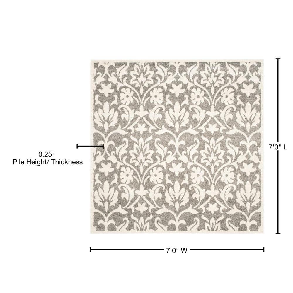 Gray and White Floral Synthetic Square Area Rug
