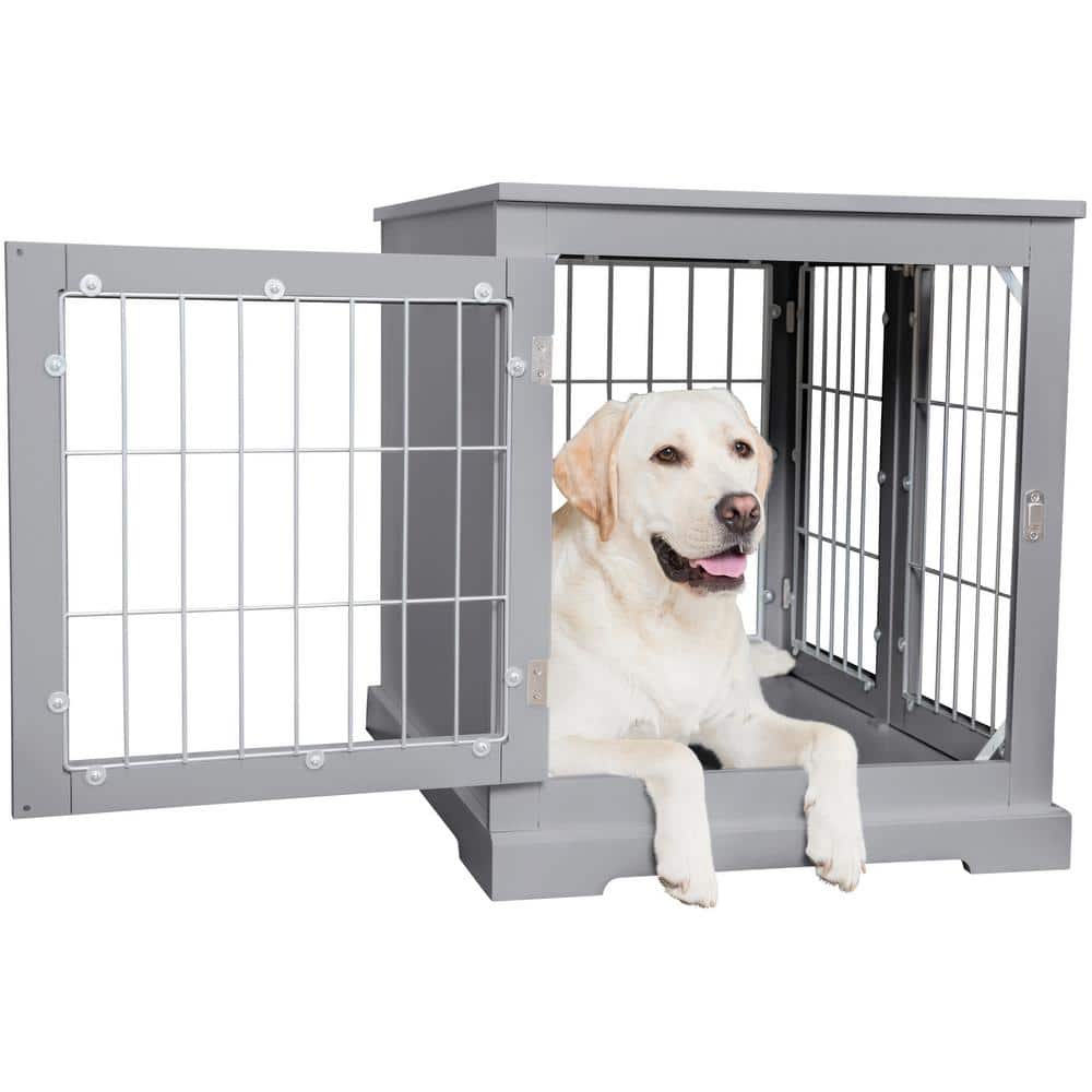 Gray Medium Wooden Dog Crate Table with Lockable Doors