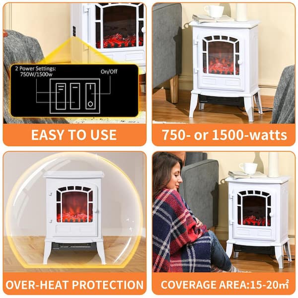 15.25 in. Freestanding Electric Fireplace Stove in White, with Realistic Flame Effect, Overheat Safety Protection