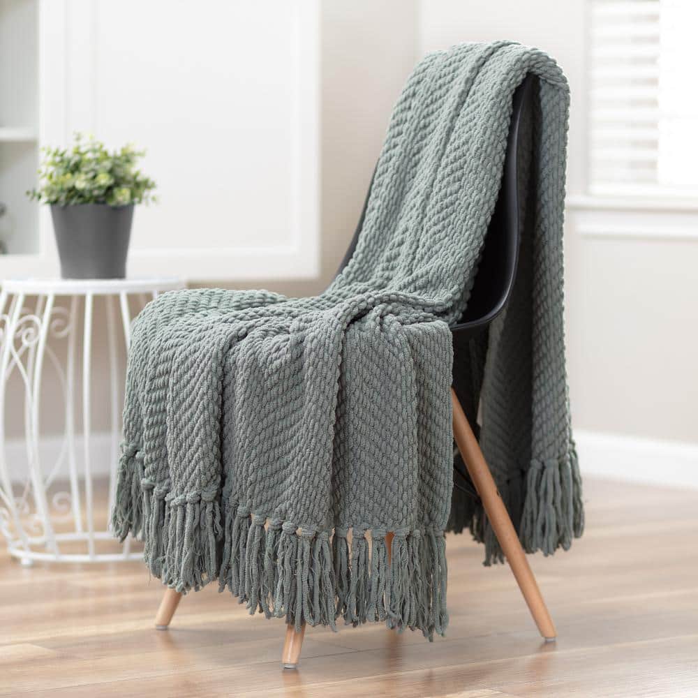 Tan Sage Knitted Throw Blanket with Tassels - 50" x 65"