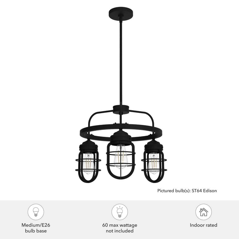 Black Iron Cage 3-Light Chandelier, 20.5"