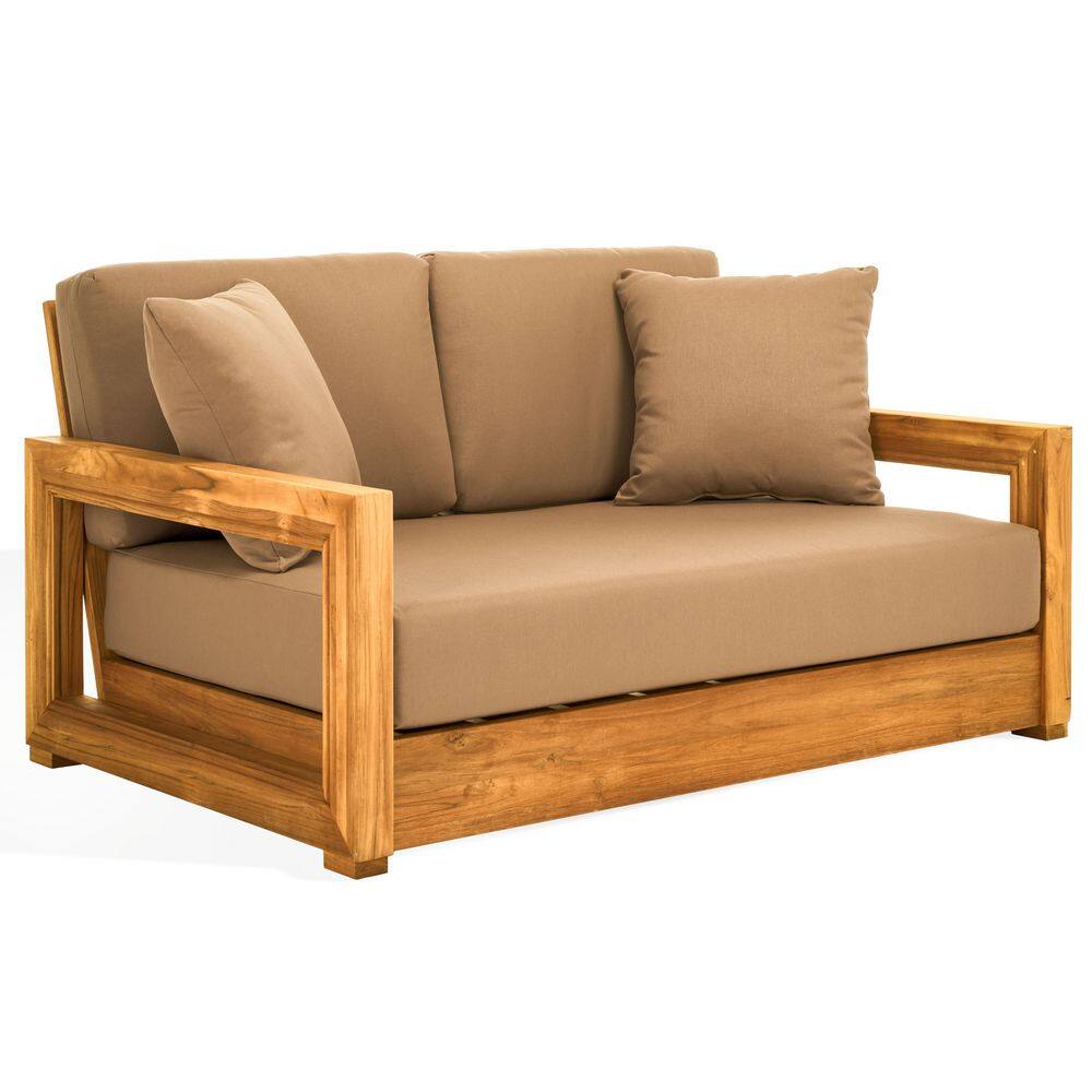 Montford 2-Person Teak Outdoor Bench with Brown Cushion