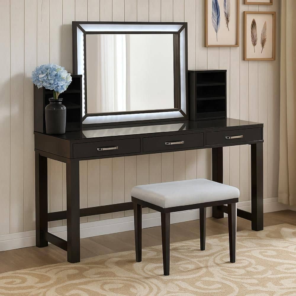 Jexo 3-Piece Cherry Brown and Gray Makeup Vanity Set with LED Mirror
