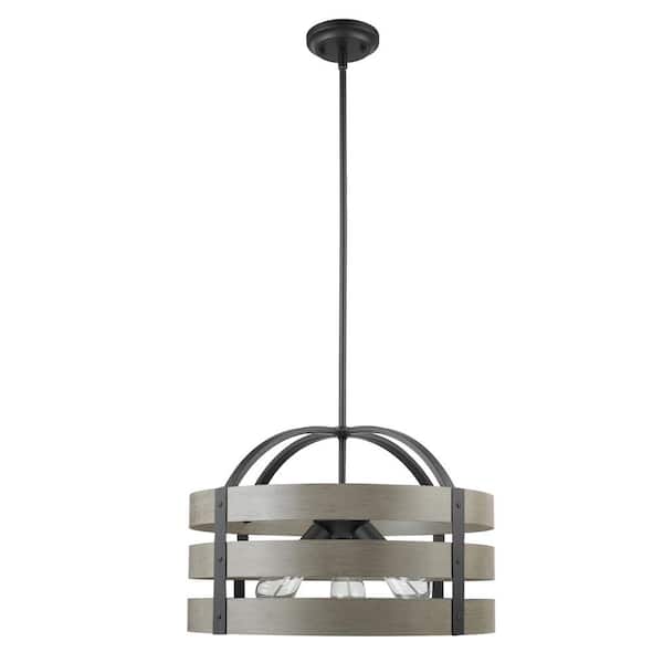 Globe Electric Maddox 3-Light Matte Black Chandelier with Faux Wood