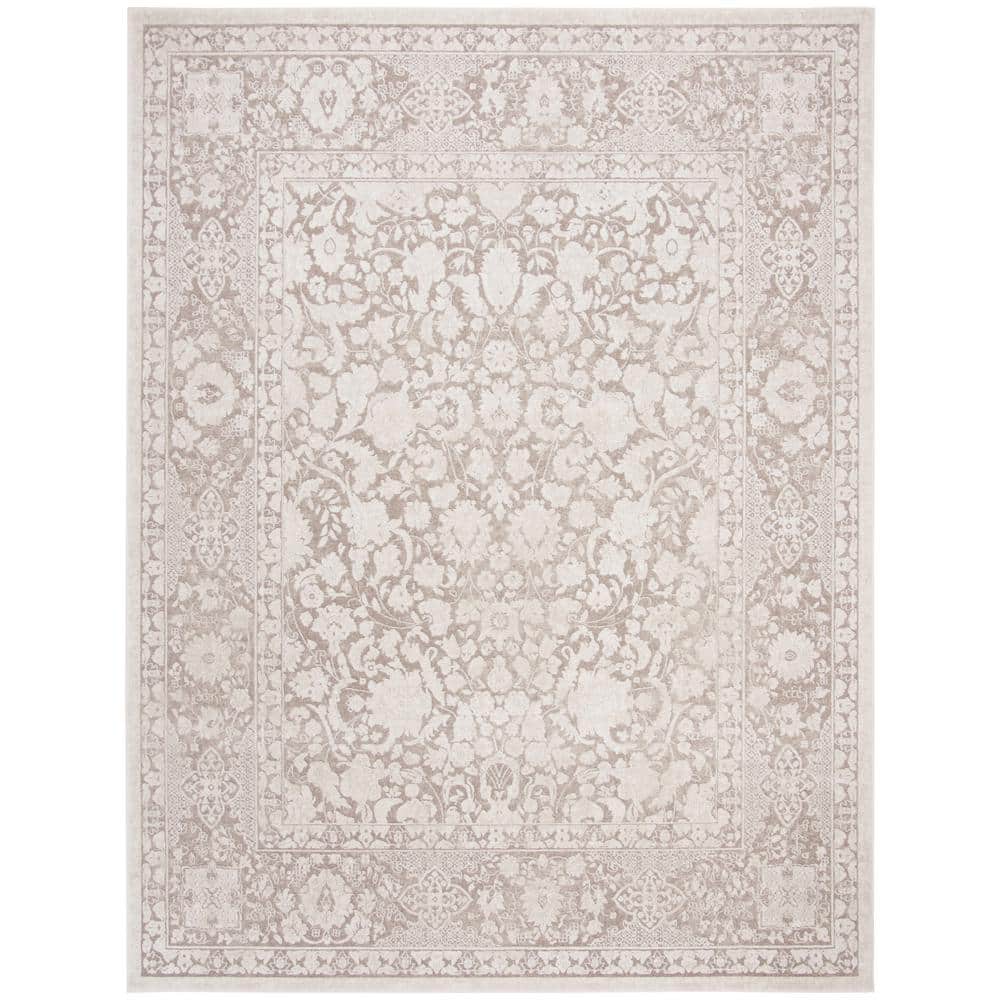Elegant Floral Etched Beige/Cream 8' x 10' Synthetic Area Rug