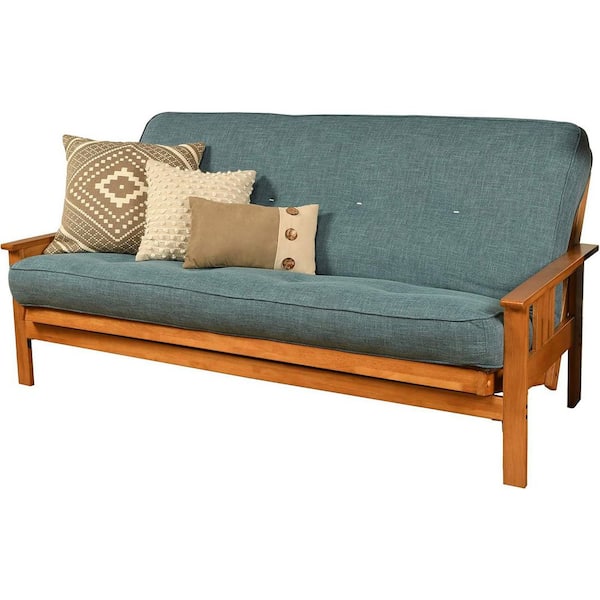 79 in. Butternut/Linen Aqua Linen Upholstered Full Size Futon Set with Mattress