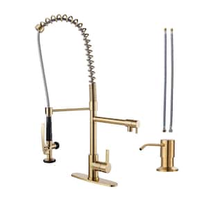 Single Handle Pull Out Sprayer Kitchen Faucet Deckplate Included with Soap Dispenser in Brushed Gold