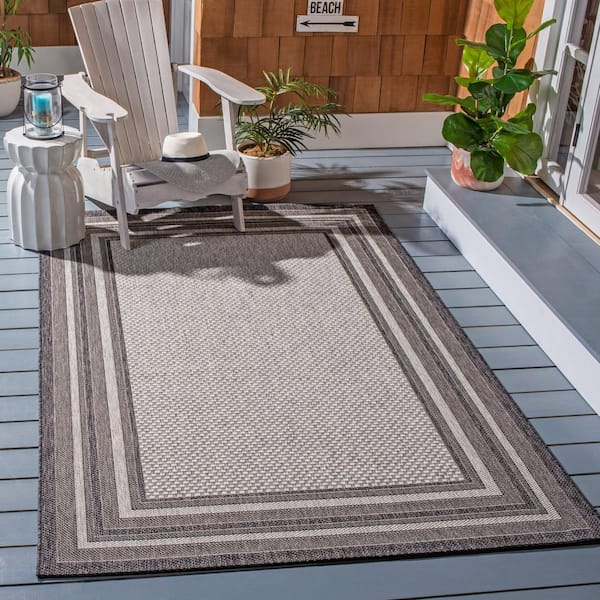 Courtyard Light Gray/Black 5 ft. x 5 ft. Solid Color Striped Indoor/Outdoor Square Area Rug