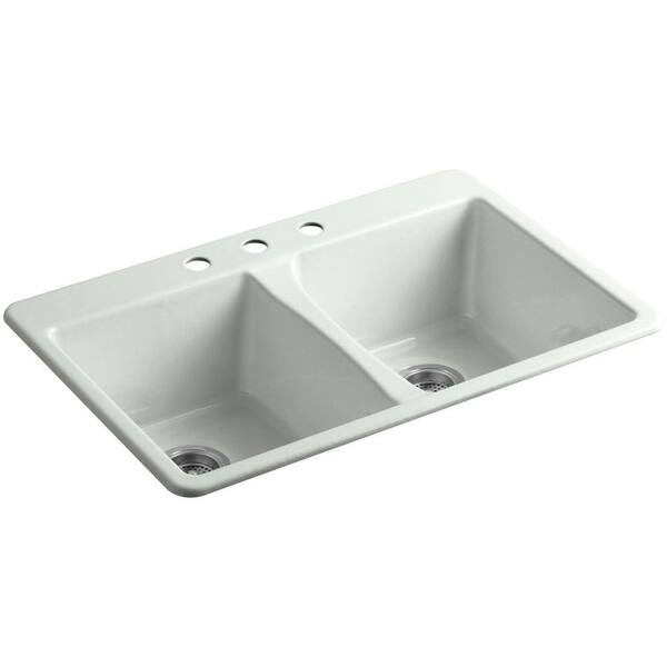 KOHLER Deerfield Drop-In Cast-Iron 33 in. 3-Hole Double Bowl Kitchen Sink in Sea Salt