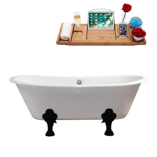 67 in. x 28 in. Cast Iron Clawfoot Soaking Bathtub in Glossy White with Matte Black Clawfeet and Glossy White Drain