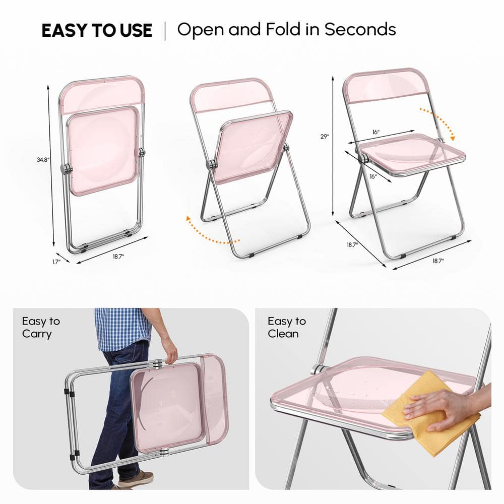 Pink Acrylic Folding Utility Chairs with Metal Frames, Set of 2