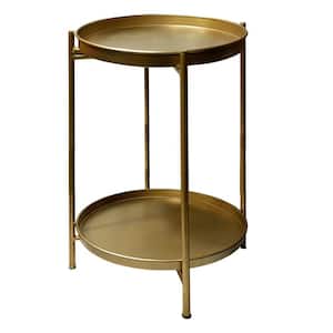 Vica15 in. Matte Gold Round Metal Top High Side End Table with 2-Tier