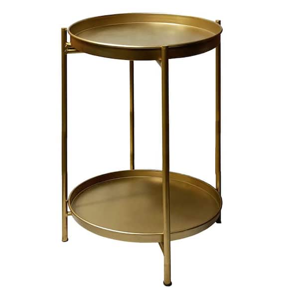THE URBAN PORT Vica15 in. Matte Gold Round Metal Top High Side End Table with 2-Tier