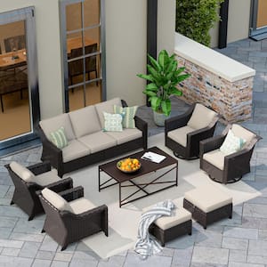 8-Piece Wicker Outdoor Patio Conversation Set Swivel Rocker Chairs with Beige Cushions