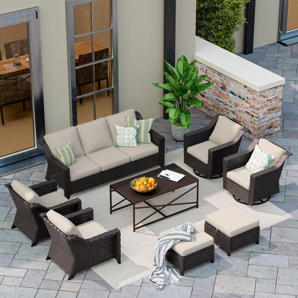 8-Piece Patio Furniture Set Wicker Outdoor Patio Conversation Set Beige Cushions and Swivel Rocker Chairs price history on PriceWatchPro