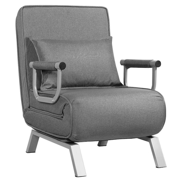 FORCLOVER Gray Linen Folding Convertible Sleeper Armchair with Pillow