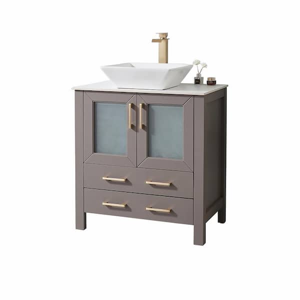 VC CUCINE 30 in. W x 18 in. D x 32 in. H Modern Bathroom Vanity in Gray with White Ceramic Top with Single Vessel Sink in White