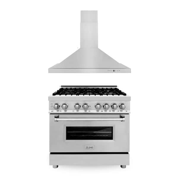 Stainless Steel Package with 36 in. 6-Burner Dual Fuel Range and 400 CFM Convertible Wall Mount Range Hood