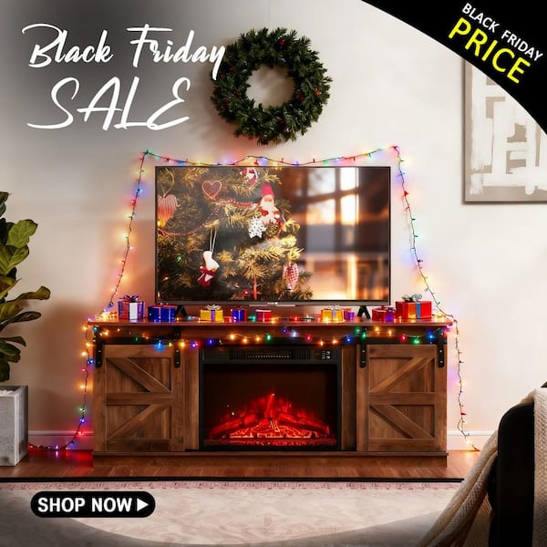 SUNRINX 58 in. W Freestanding Electric Fireplace TV Stand with Farmhouse Sliding Barn Doors in Brown