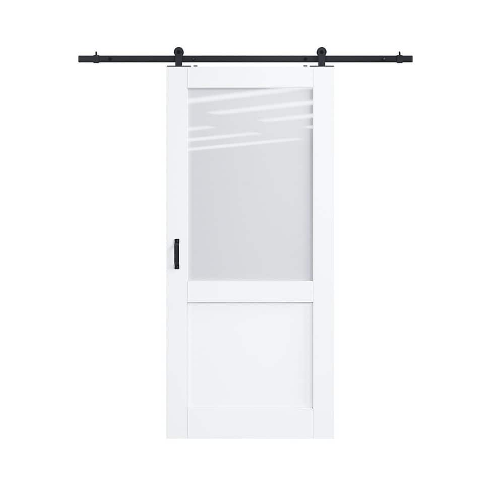 36 in. x 80 in. 1/2 Lite Frosted Glass White Primed MDF Top Mount Sliding Barn Door with Hardware Kit (T Shape Hanger) price history on PriceWatchPro