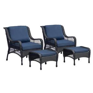 Set of 2 Black Metal Outdoor Hand-woven Rattan Lounge Chair with Navy Blue Cushions Outdoor Garden Chair with Ottoman