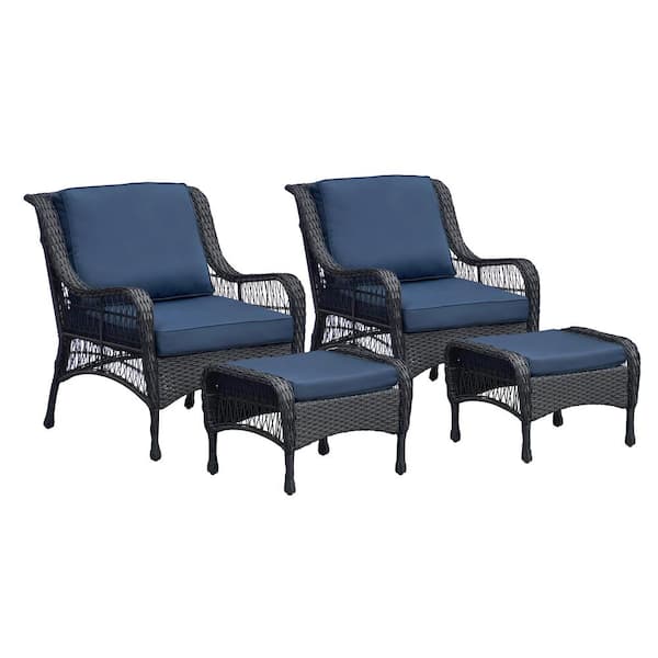 ITOPFOX Set of 2 Black Metal Outdoor Hand-woven Rattan Lounge Chair with Navy Blue Cushions Outdoor Garden Chair with Ottoman
