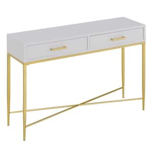 Ashley 42 in. White Scallop/Gold Standard Rectangle MDF Top Console Table with 2-Drawers