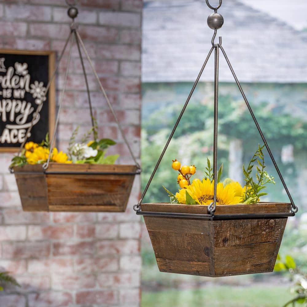 Set of 2 Rustic Fir Wood and Iron Hanging Planters