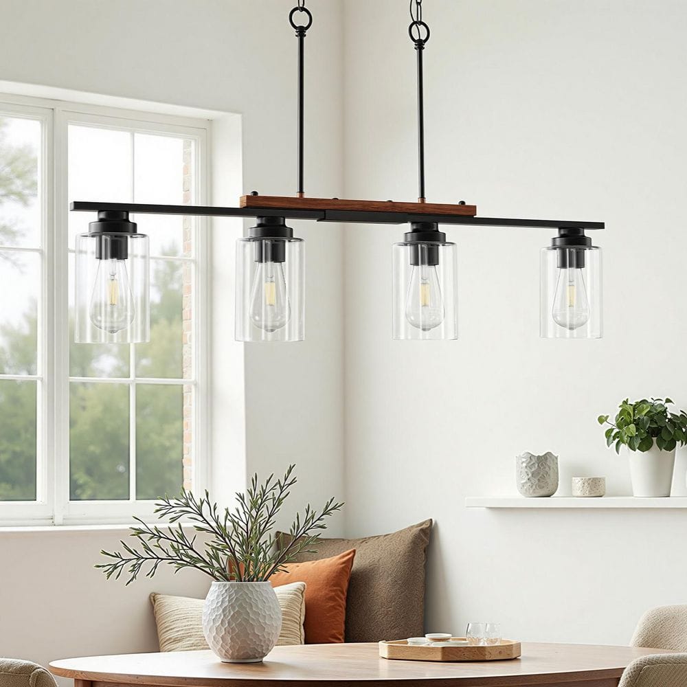 60-Watt 4 Light Matte Black Shaded Pendant Light Kitchen Island Lighting with Clear Glass Shade and Adjustable Rods price history on PriceWatchPro