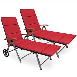 2-Piece Folding Wicker Outdoor Chaise Lounge Chair Cushioned Recliner with Wheels and Red Cushion