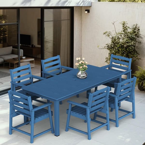 7-Piece Metal Outdoor Dining Set with Umbrella Hole, HDPE Furniture Set for Garden, Backyard, Navy