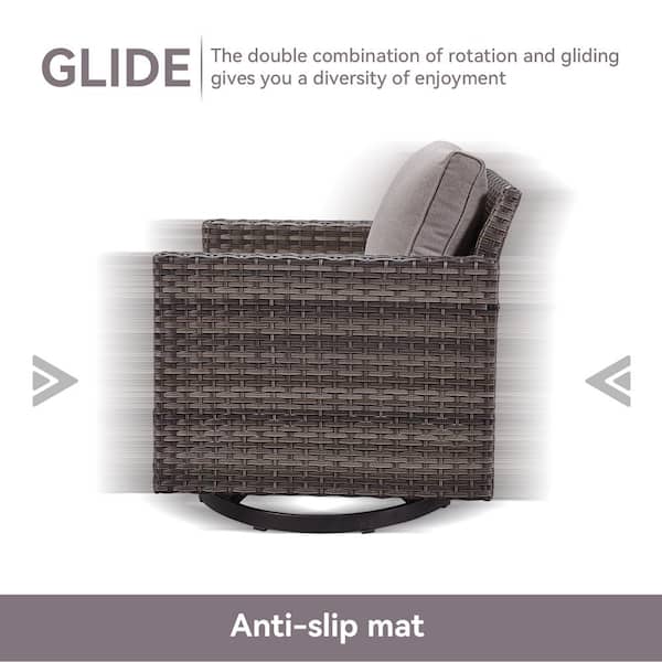 U-Foot Gray Swivel Glider Wicker Outdoor Rocking Chair with Gray Cushion (1-Pack)