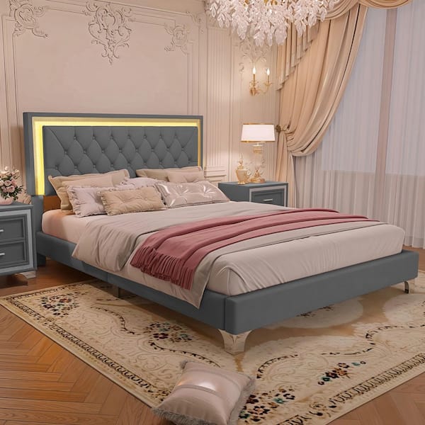 Polibi Gray Wood Frame Queen Size Platform Bed with LED Lights, Tufted Headboard