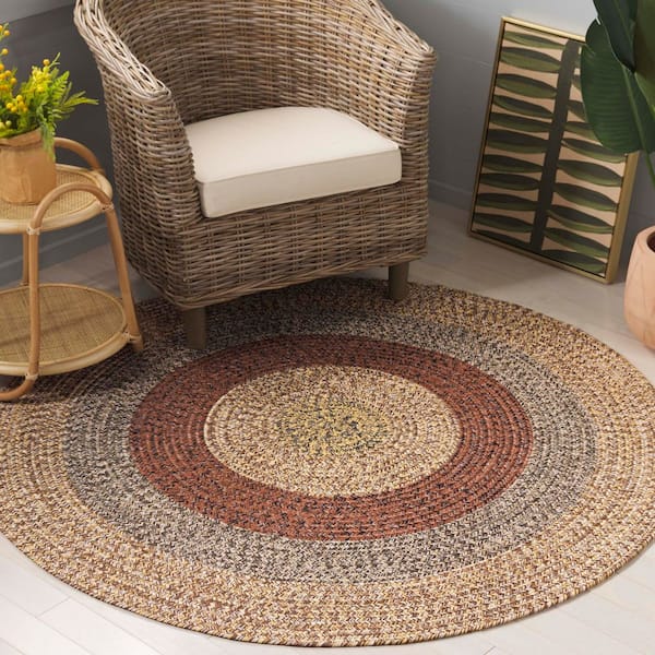 Braided Brown/Gold 5 ft. x 5 ft. Machine Washable Solid Striped Border Round Area Rug