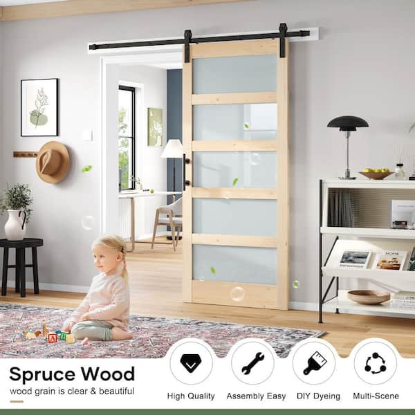 36 in. x 84 in. 5 Lite Frosted Glass Spruce Finished Sliding Sliding Barn Door with Hardware Kit
