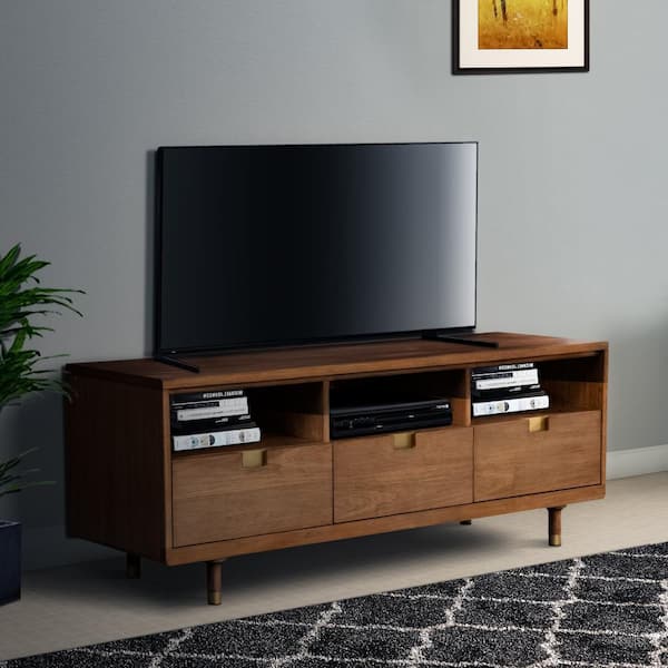 Benjara 64 in. Brown Wood TV Stand Fits TVs up to 58 in. with 3 Drawer and Open Compartments