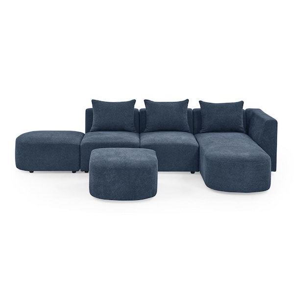 5 Piece Right Face L Shaped Polyester Modular Sectional Sofa with Ottoman in. Navy Blue