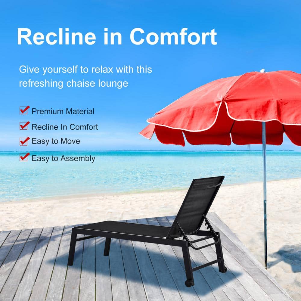 Coastal Breeze Black Outdoor Chaise Lounge with 5-Position Backrest and Wheels