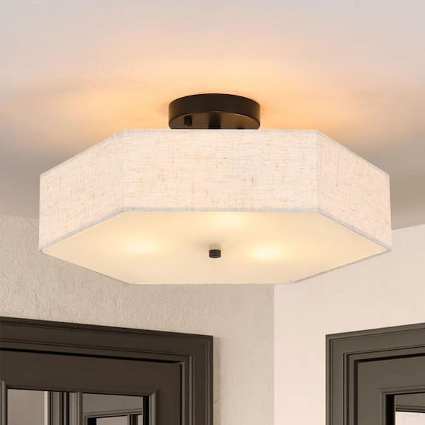 Farmhouse 17.7 in. 3-Light Matte Black Semi-Flush Mount Ceiling Light With Hexagonal Linen Fabric Shade