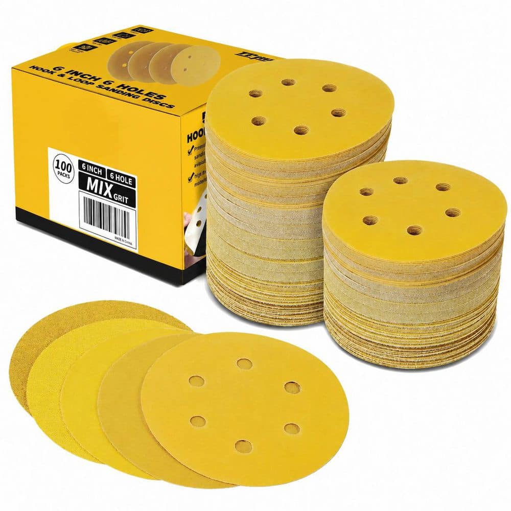 6 Inch 6 Hole Sanding Discs with Mixed 60, 80, 120, 220, 320 Grits Gold Coating Hook and Loop 100 Pack for Random Sander price history on PriceWatchPro