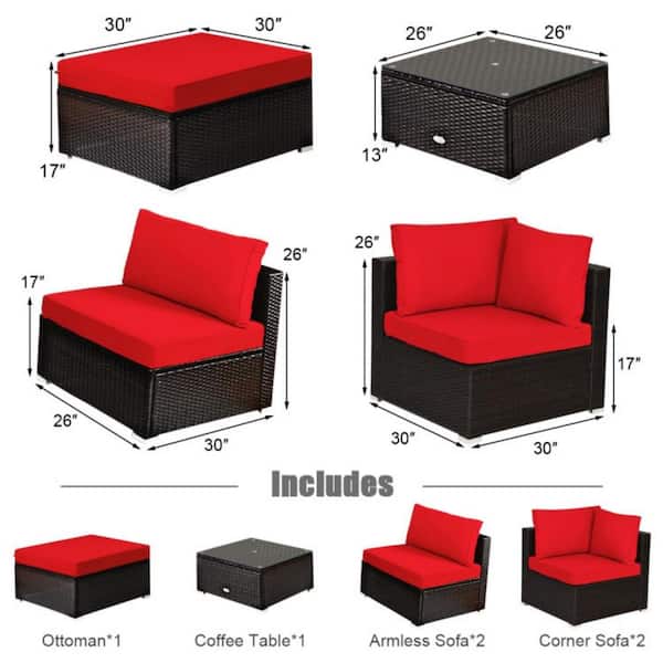 6-Piece Wicker Outdoor Patio Conversation Set Rattan Furniture Set with Red Cushions, Ottoman and Coffee Table