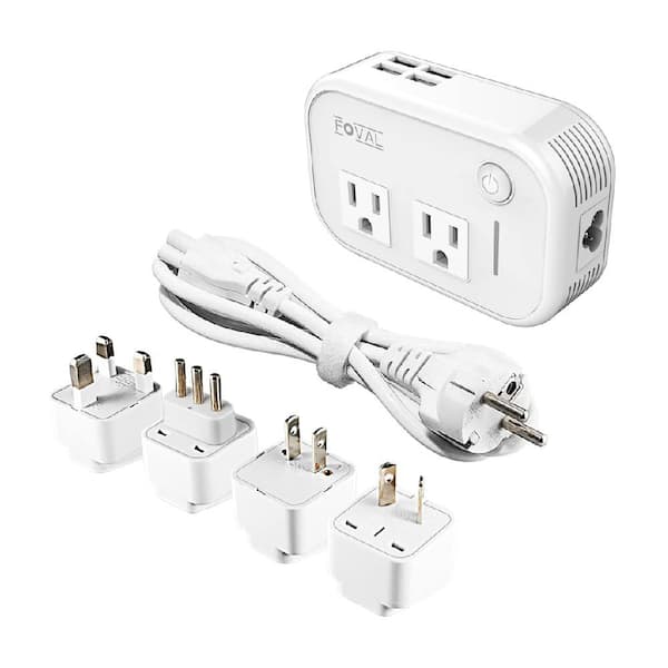 2-Outlet Power Strip Surge Protector Voltage Converter Travel Adapter with 4-USB-A Ports and 4-Plugs, White