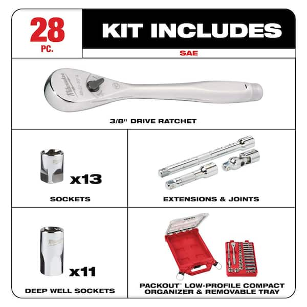 3/8 in. Drive SAE Ratchet and Socket Mechanics Tool Set with Packout Case and Packout Mounting Plate (29-Piece)