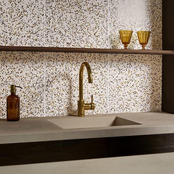 Raleigh Glass Creme Gold 4 in. x 0.71 in. Polished Terrazzo Floor and Wall Tile Sample