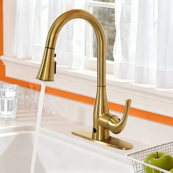 16.6 in. Dual Sensor Touchless Single-Handle Pull-Down Sprayer Kitchen Faucet with 360° Swivel Spout in Brushed Gold
