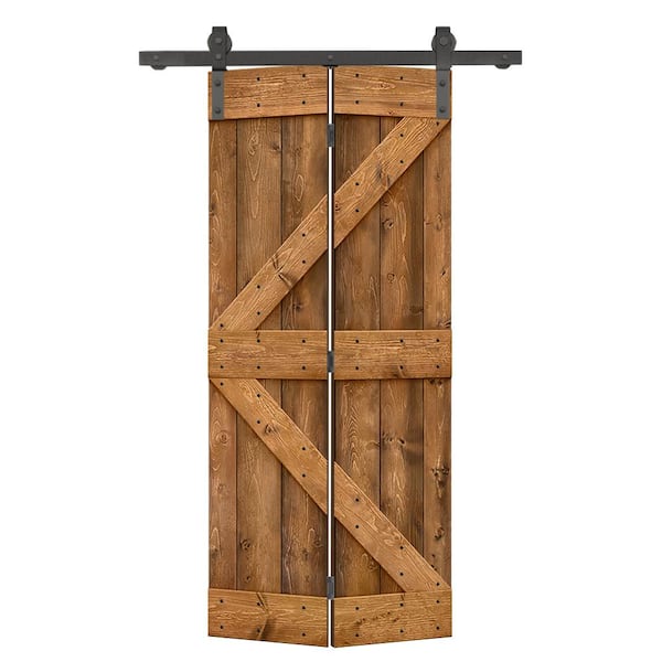 CALHOME 22 in. x 84 in. K-Series Walnut Stained DIY Wood Bi-Fold Barn Door with Sliding Hardware Kit