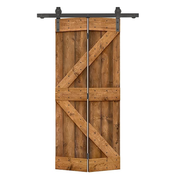 CALHOME 28 in. x 84 in. K Series Solid Core Walnut Stained DIY Wood Bi-Fold Barn Door with Sliding Hardware Kit