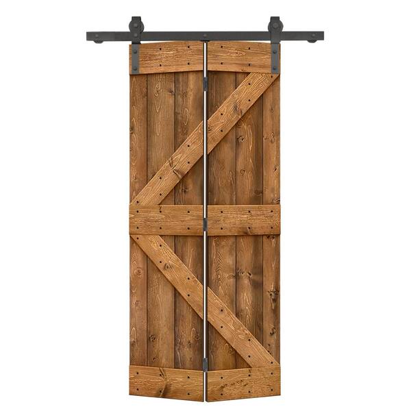 30 in. x 84 in. K Series Solid Core Walnut Stained DIY Wood Bi-Fold Barn Door with Sliding Hardware Kit