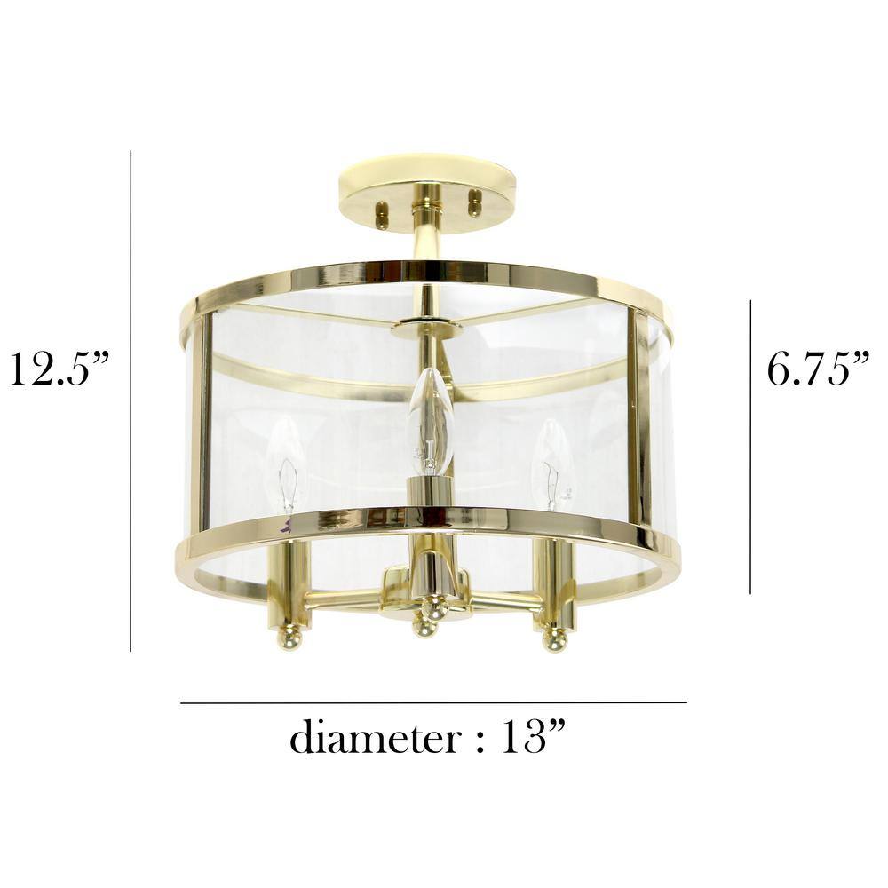 Gold and Glass 13" 3-Light Farmhouse Semi Flush Mount