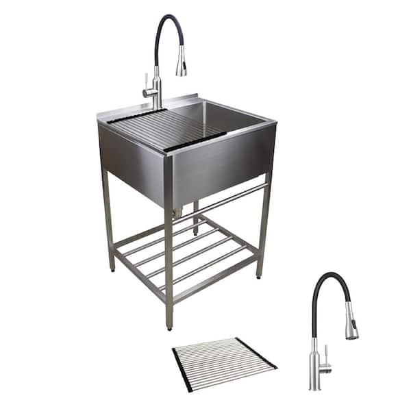 25 in. x 22 in. x 34 in. Stainless Steel Apron-Front Freestanding Utility/Laundry Sink with Wash Stand in Brushed Satin